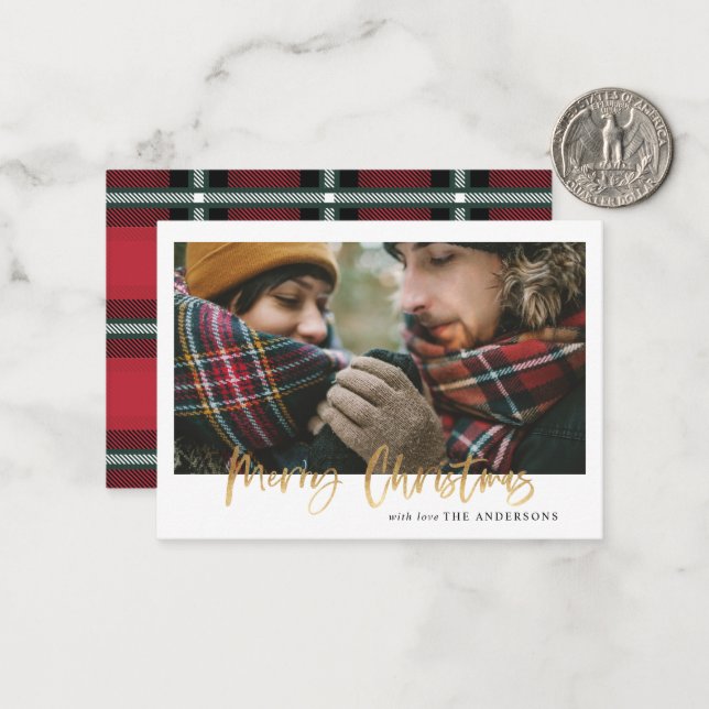 Weihnachten Rotes kariertes Foto Weihnachtskarte Mitteilungskarte (Vorderseite/Rückseite Beispiel)
