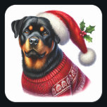 Weihnachten Rottweiler mit einem festlichen Pullov Quadratischer Aufkleber<br><div class="desc">Ein fröhlicher Rottweiler in einem knallroten Weihnachtspulli sitzt stolz. Der Hund hat eine klassische Weihnachtsmannmütze, die den Urlaubsgeist fördert. Mit einem warmen Ausdruck spiegelt dieses geliebte Haustier Freude und Feiern während der Festsaison wider.</div>