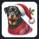 Weihnachten Rottweiler mit einem festlichen Pullov Quadratischer Aufkleber<br><div class="desc">Ein fröhlicher Rottweiler in einem knallroten Weihnachtspulli sitzt stolz. Der Hund hat eine klassische Weihnachtsmannmütze,  die den Urlaubsgeist fördert. Mit einem warmen Ausdruck spiegelt dieses geliebte Haustier Freude und Feiern während der Festsaison wider.</div>