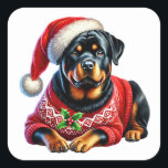 Weihnachten Rottweiler mit einem festlichen Pullov Quadratischer Aufkleber<br><div class="desc">Ein fröhlicher Rottweiler in einem roten festlichen Pullover gekleidet und eine Weihnachtsmannmütze sitzt bequem, umgeben von Heiligen. Der helle, glänzende Mantel des Hundes kontrastiert wunderschön mit der Urlaubskleidung und schafft eine warme, fröhliche Atmosphäre, die perfekt für die Saison ist.</div>