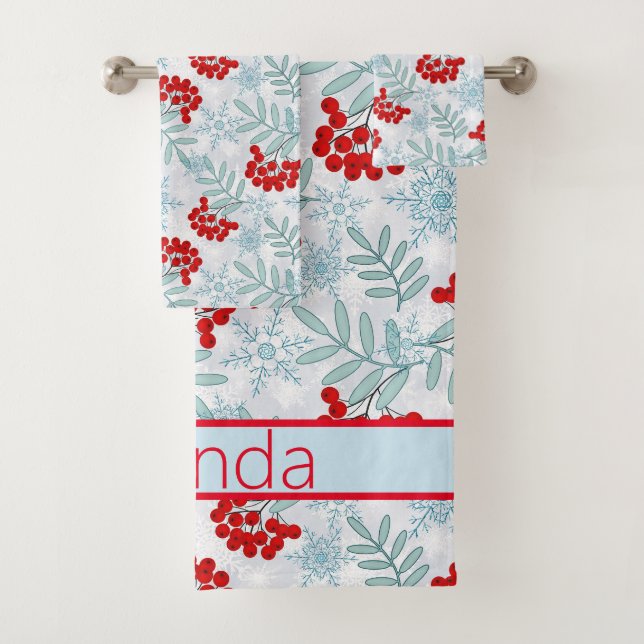 Weihnachten, Rowan, rot, weiß, Schneeflocken Badhandtuch Set (Insitu)