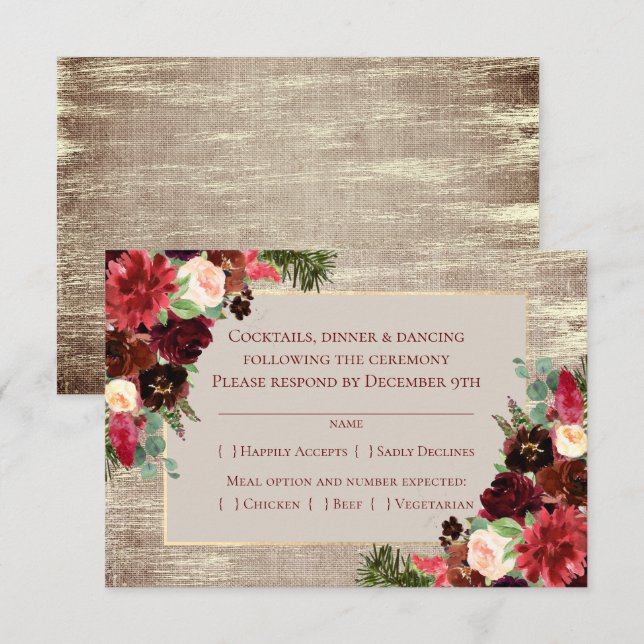 Weihnachten Rustic Boho Floral Marsala Burlap Entr RSVP Karte (Vorne/Hinten)