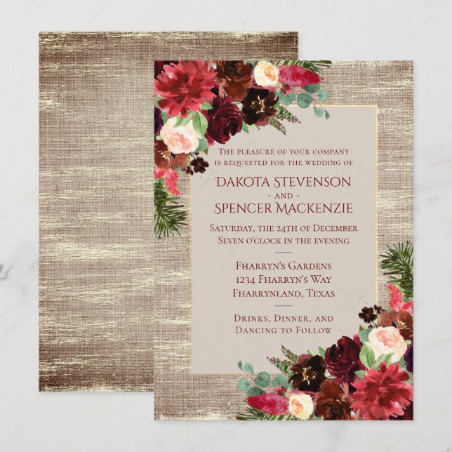 Weihnachten Rustikale Boho Floral Burgundy Gold Bu Einladung (Vorne/Hinten)
