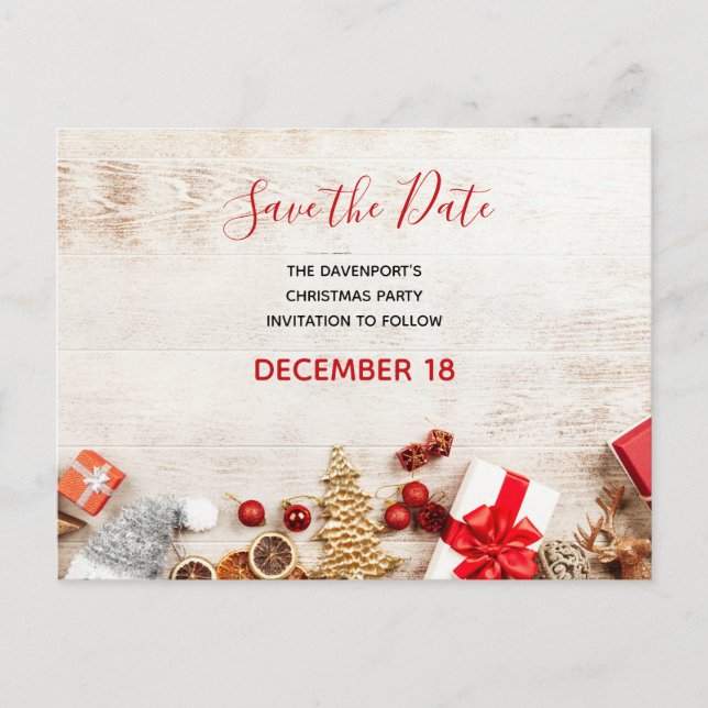 Weihnachten Rustikale Holzpappe Save the Date Einladungspostkarte (Vorderseite)