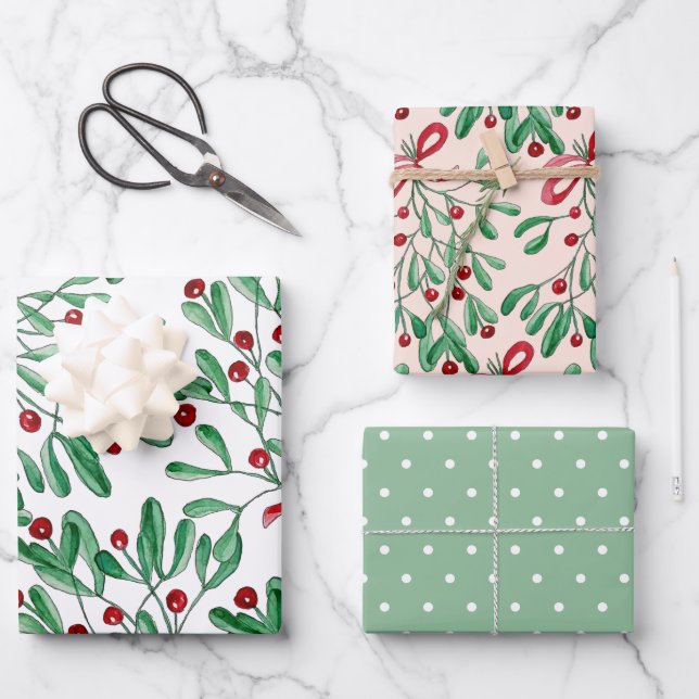 Weihnachten Rustikale Mistletoe Wasserfarbe Handge Geschenkpapier Set (Vorderseite)