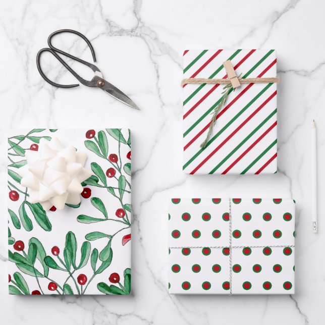 Weihnachten Rustikale Mistletoe Wasserfarbe Handge Geschenkpapier Set (Vorderseite)
