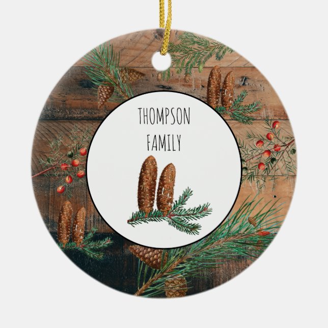 Weihnachten Rustikale Nadelbäume Name der Familie  Keramik Ornament (Vorne)