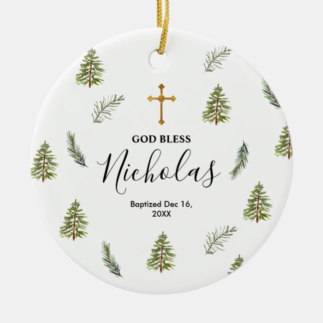 Weihnachten Rustikale Pinienbäume Taufe Gott segne Keramik Ornament (Vorne)