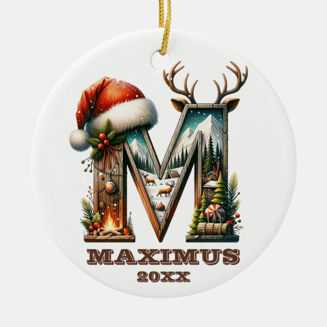 Weihnachten Rustikaler Buchstabe M Festwoodland Ch Keramik Ornament (Vorne)