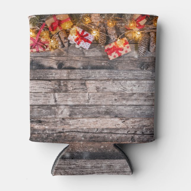 Weihnachten rustikaler Hintergrund, Holzplanken. Dosenkühler (Vorderseite)