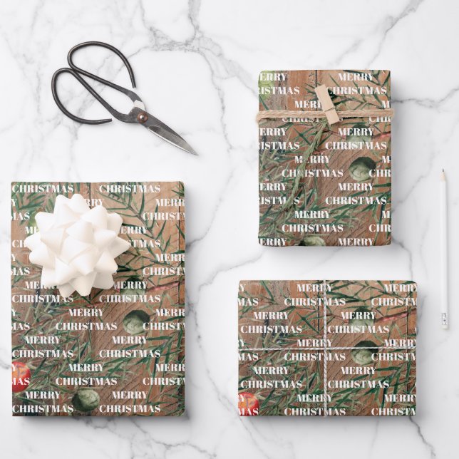 Weihnachten Rustikales Holz frohe Weihnachten Geschenkpapier Set (Vorderseite)