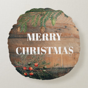 Weihnachten Rustikales Holz frohe Weihnachten Rundes Kissen