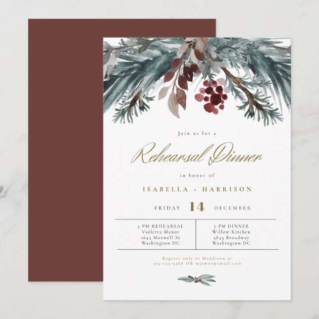 WEIHNACHTEN Rustikales Pine Winter Hochzeit Probe  Einladung (Vorne/Hinten)