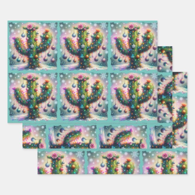 Weihnachten Saguaro Cactus Whimsical Snowflakes Geschenkpapier Set (Set)