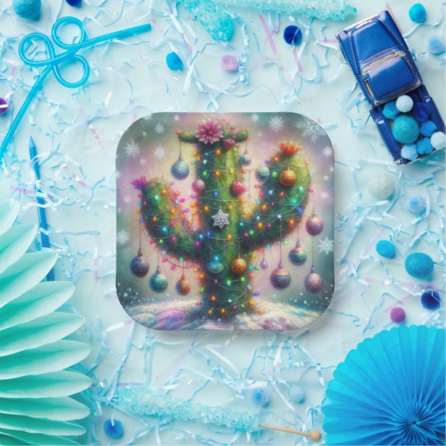 Weihnachten Saguaro Cactus Whimsical Snowflakes Pappteller (Party)