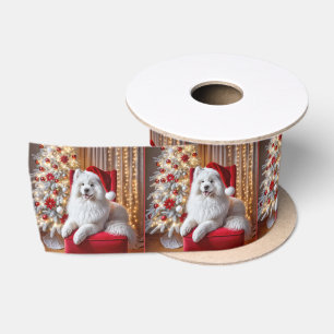 Weihnachten Samoyed Hund auf einem roten Stuhl Satinband