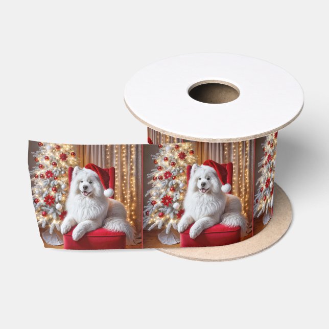 Weihnachten Samoyed Hund auf einem roten Stuhl Satinband (Spule)