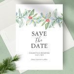 Weihnachten Save the Date Einladung Wasserfarbe<br><div class="desc">Diese Weihnachtshochzeit bewahrt die Dates Einladungen mit einem Top-Boarder von eleganten Aquarell Wintergrün. Die Worte "Save the Date" sind in Holzkohle grau auf einem knusprigen weißen Hintergrund. Die Karte kehrt zu einer entsprechenden Farbe zurück. Um das komplette Hochzeitthema zu sehen, besuchen Sie www.zazzle.com/dotellabelle Einzigartige, grüne Blattwerk und Design von Victoria...</div>