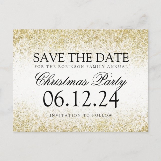 Weihnachten Save the Date Gold Glitzer Dust White Ankündigungspostkarte (Vorderseite)