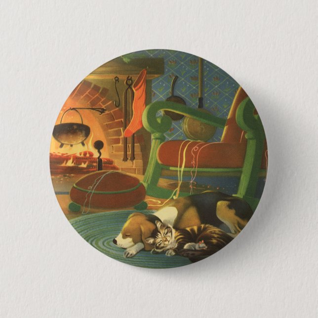 Weihnachten, Schlaftiere am Kamin Button (Vorderseite)