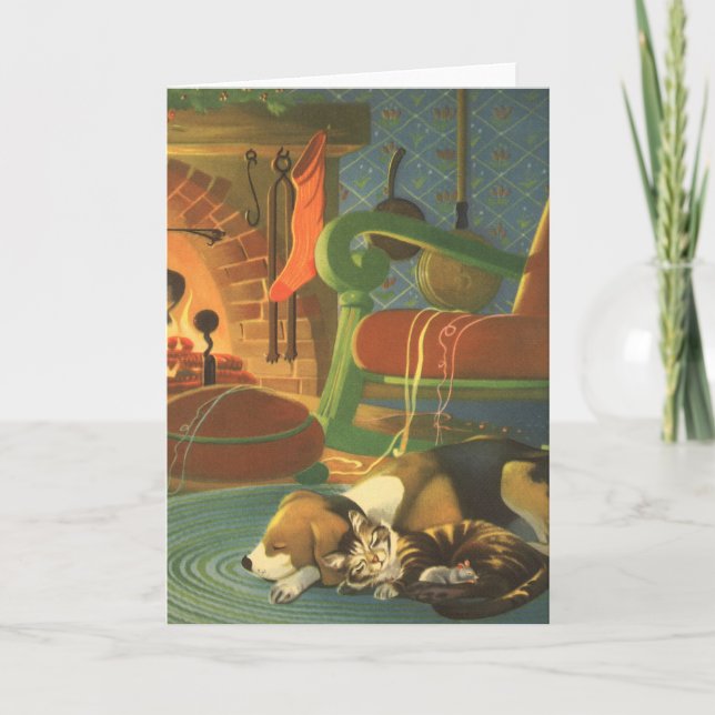 Weihnachten, Schlaftiere am Kamin Feiertagskarte (Vorderseite)