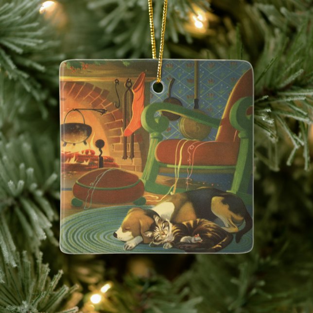 Weihnachten, Schlaftiere am Kamin Keramikornament (Baum)