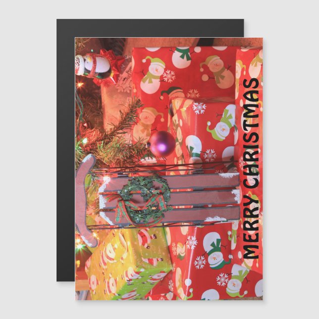 Weihnachten Schlitten mit Kranz Magnetkarte (Vorne/Hinten)