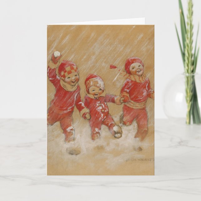 Weihnachten, Schnee spielen Feiertagskarte (Vorderseite)