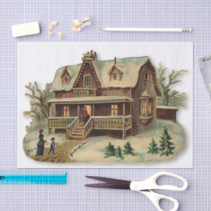 Weihnachten Schnee Viktorianisches Antikes Haus Zu Seidenpapier
