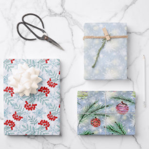Weihnachten, Schneeflocken, Beeren, Weihnachtsbäum Geschenkpapier Set