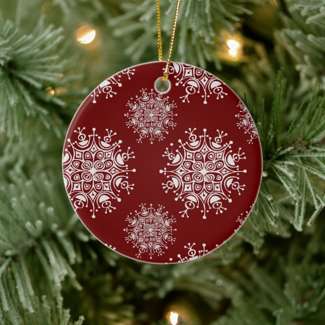 Weihnachten Schneeflocken Rotes Blizzard Muster Keramikornament (Baum)