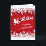 Weihnachten - Schneeflocken, Weihnachtsmann, Renti<br><div class="desc">Weiße Schneeflocken,  der Weihnachtsmann mit seinem Schlitten und Rentier auf einem roten Wintergrund. Der deutsche Text in der ersten Lesung lautet:Frohe Weihnachten. Auch auf Deutsch: Frohe Weihnachten und ein glückliches Neujahr.</div>