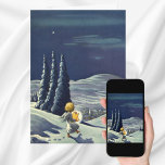 Weihnachten, Schneegel Walking mit einem Stern Feiertagskarte<br><div class="desc">Vintage Darstellung religiöser Weihnachtsbilder mit einem Engel,  der einen hellen,  leuchtenden Stern hält und nachts durch den Schnee geht. Diese schneebedeckte Landschaft umfasst sanfte Hügel,  Bäume und ein Dorf im Mondschein. Ein Christliches Religionsdesign mit einem Engelkirsch,  der in die Stadt kommt.</div>