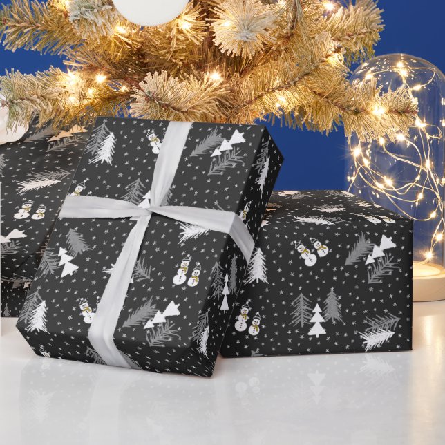 Weihnachten - Schneemänner & Bäume - schwarzes Wra Geschenkpapier (Feiertage)