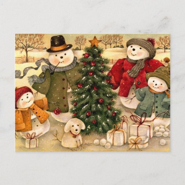 Weihnachten, Schneemannsfamilie Feiertagspostkarte (Vorderseite)
