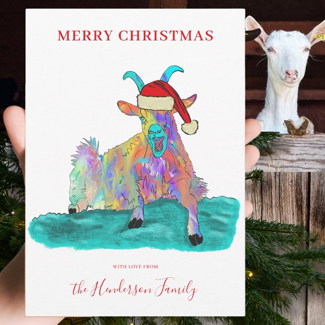 Weihnachten Schreie Ziege mit einer Weihnachtsmann (Funny Christmas screaming goat wearing a Santa hat custom holiday greetings card colour animal art)