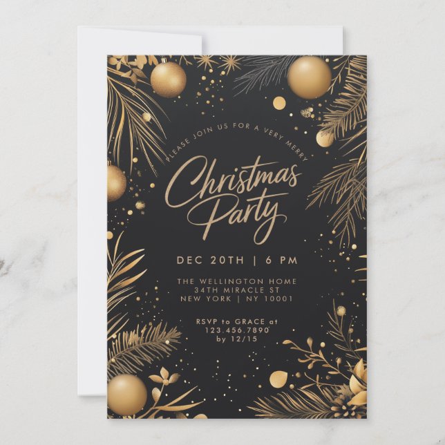 Weihnachten Schwarz und Gold Elegante Feier Einladung (Vorderseite)