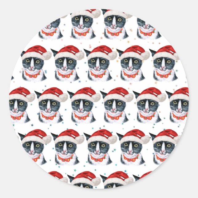 Weihnachten Schwarz und Weiße Katze Farbe Runder Aufkleber (Vorderseite)