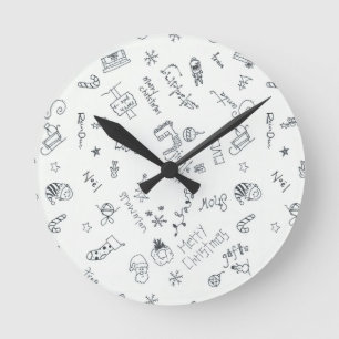 Weihnachten Schwarz-Weiß-Spaß-Doodle Runde Wanduhr