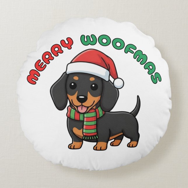 Weihnachten Schwarze Dackel: Fröhliche Woofmas Rundes Kissen (Vorderseite)