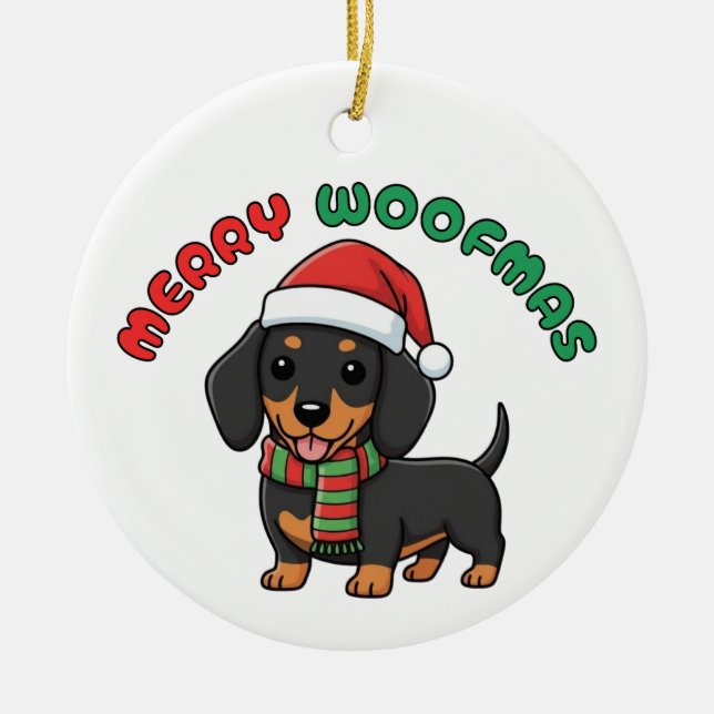 Weihnachten Schwarze Dackel Ornament: Frohe Weihna Keramik Ornament (Vorne)