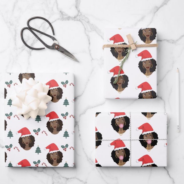Weihnachten, Schwarze Frauen mit roten Weihnachtsm Geschenkpapier Set (Vorderseite)