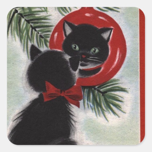Weihnachten Schwarze Katze Blick auf Ornament Quadratischer Aufkleber (Vorderseite)