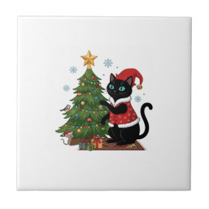 Weihnachten schwarze Katze Santa Hut Baum Maus Fliese