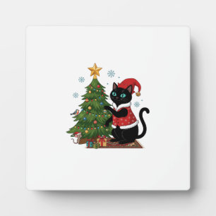 Weihnachten schwarze Katze Santa Hut Baum Maus Fotoplatte