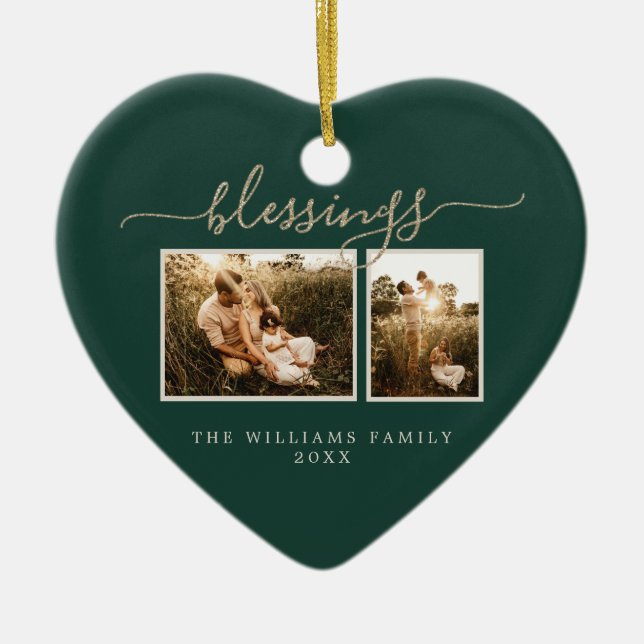 Weihnachten Segen 2 Foto Dunkelgrüne Familie Keramik Ornament (Vorne)