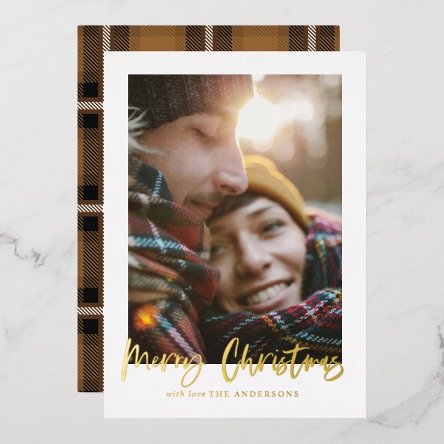 Weihnachten-Senf-Tartan-Foto Folien Feiertagskarte (Vorderseite/Rückseite)