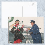Weihnachten, Shopping präsentiert Polizisten Feiertagspostkarte<br><div class="desc">Vintage Illustration Frohe Weihnachtsbilder mit einer Mutter,  die Weihnachtsgeschenke zurück zu ihrem geparkten Wagen trägt. Ein freundlicher Polizeibeamter füttre ihren Parkuhr,  während es während der Wintersaison schneit. Fun 50er Retro kitsch Design!</div>