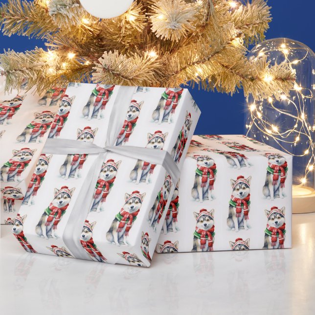 Weihnachten Siberischer Husky auf Weiß Geschenkpapier (Feiertage)