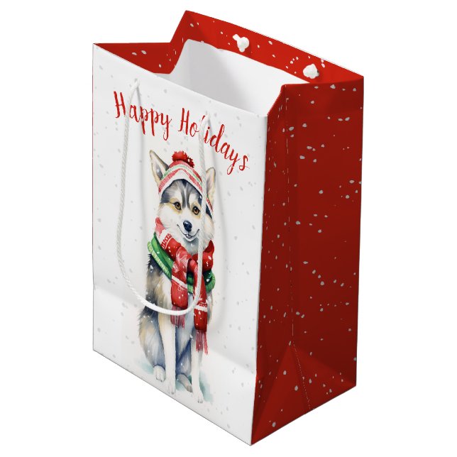 Weihnachten Sibirischer Husky in Schneeflocken Mittlere Geschenktüte (Vorderseite Schrägansicht)